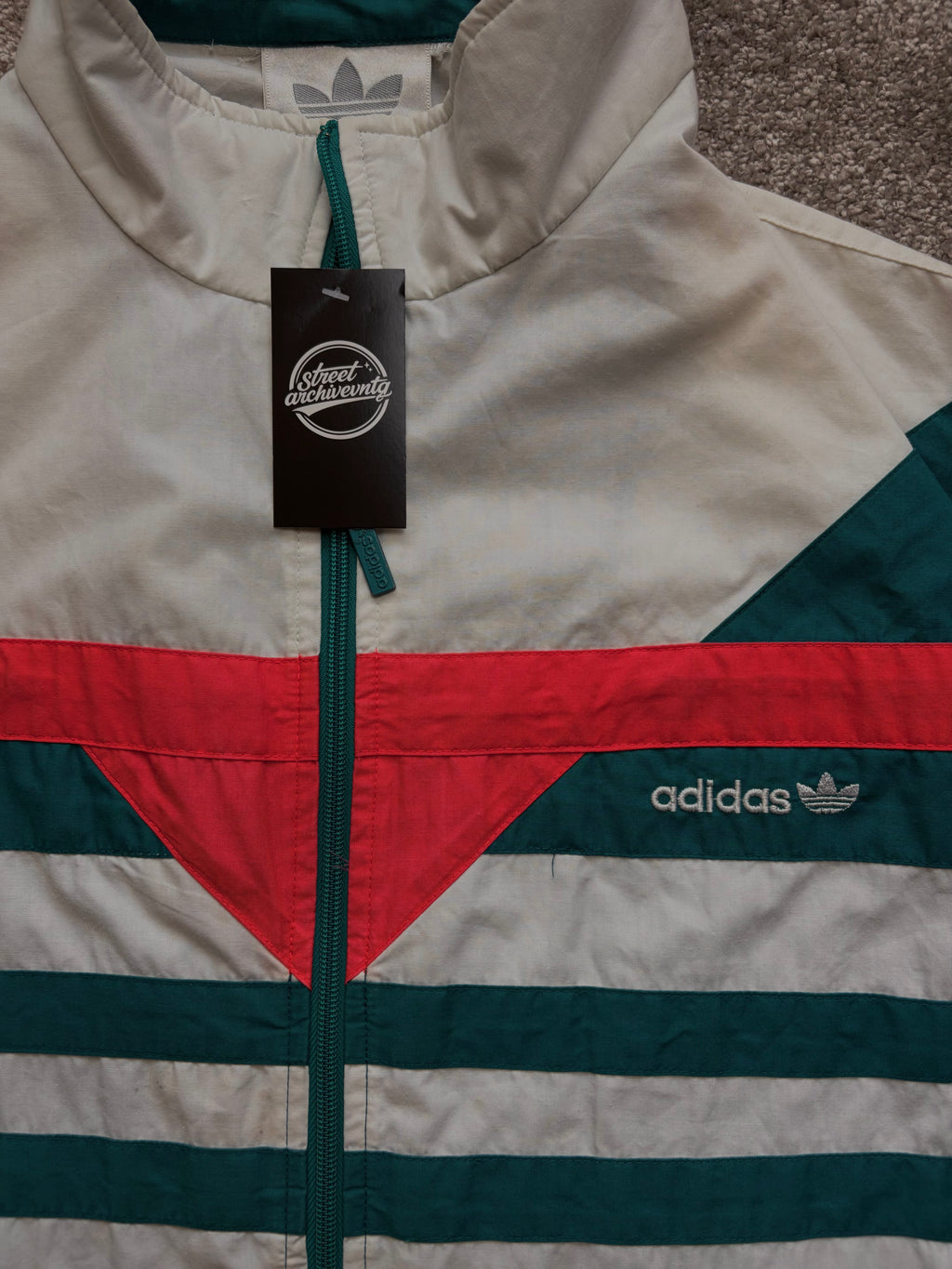 Adidas Vintage Windbreaker Green Cream Stripes Size M-L